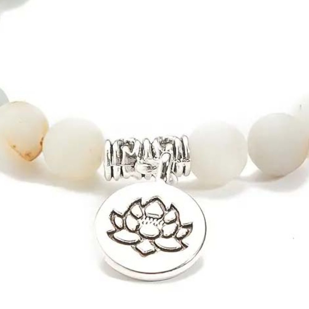 AMAZONITE STONE BEADS & SILVERY LOTUS BLOSSOM CHARM BRACELET 40 B - Picture 2 of 3
